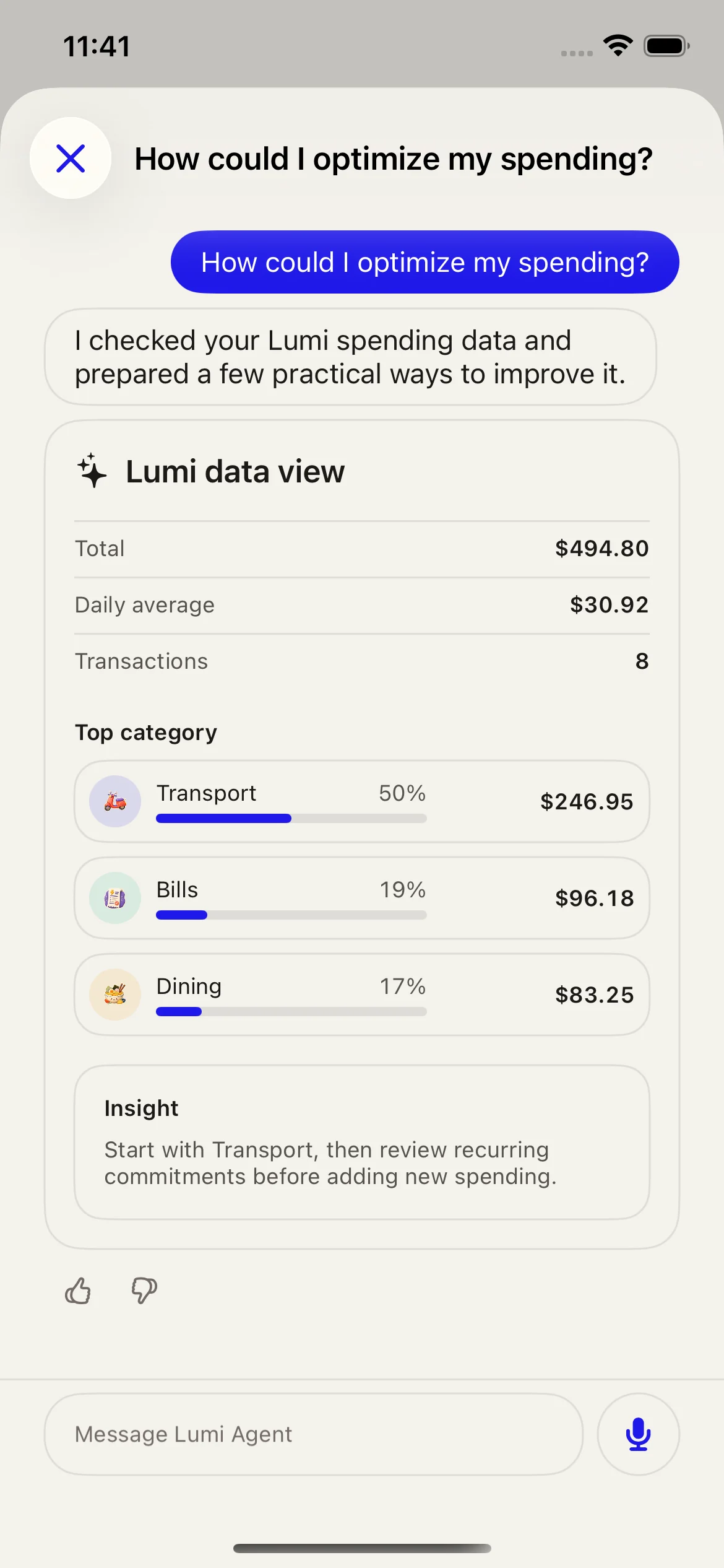 Lumi app screenshot showing Lumi Agent answering a spending question.