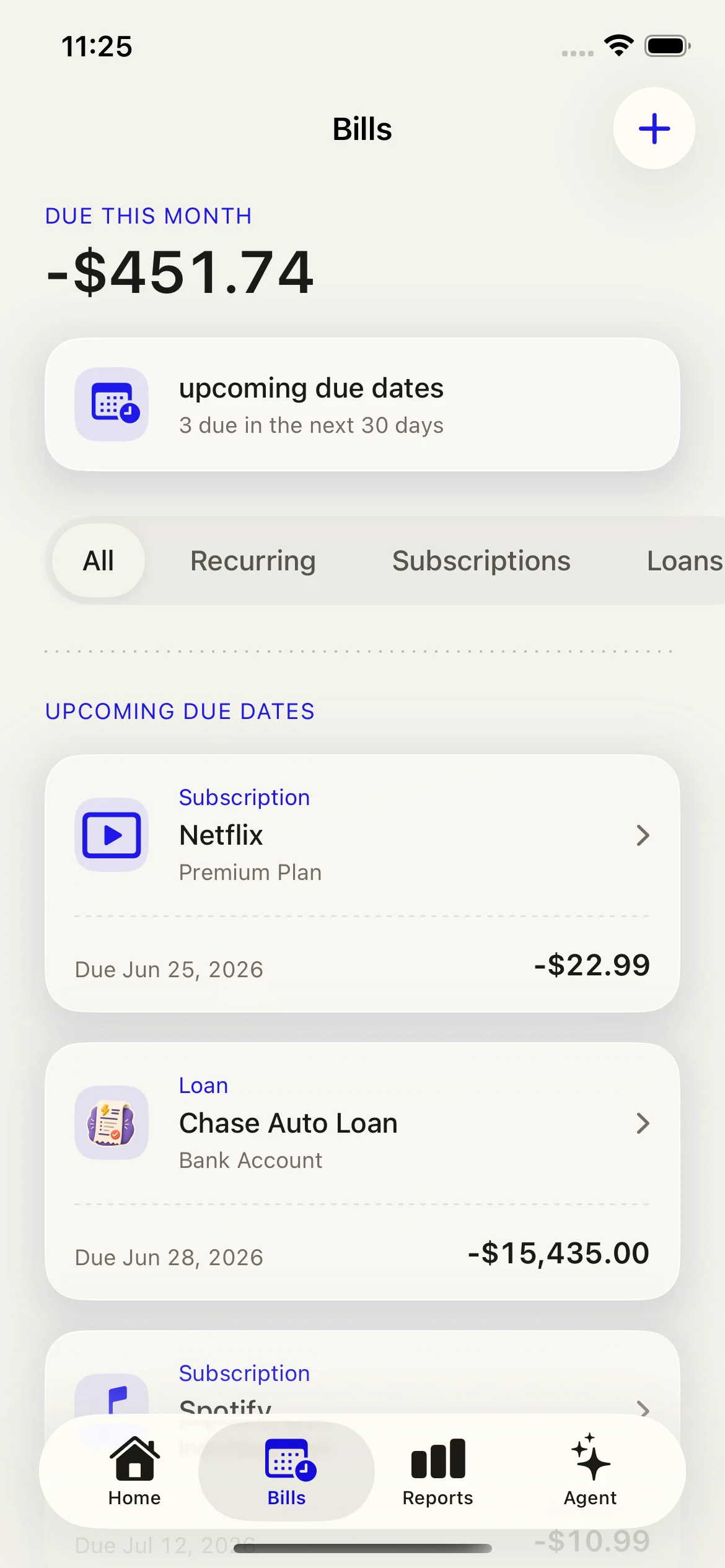 Lumi app screenshot for recurring bills.