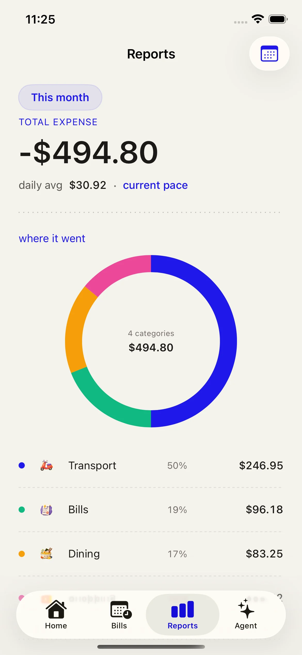 Lumi app screenshot for monthly spending insights.
