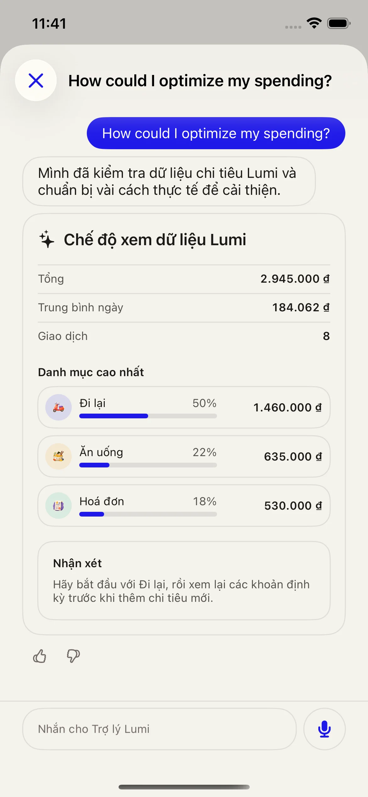 Ảnh màn hình Lumi hiển thị Trợ lý Lumi trả lời câu hỏi chi tiêu.