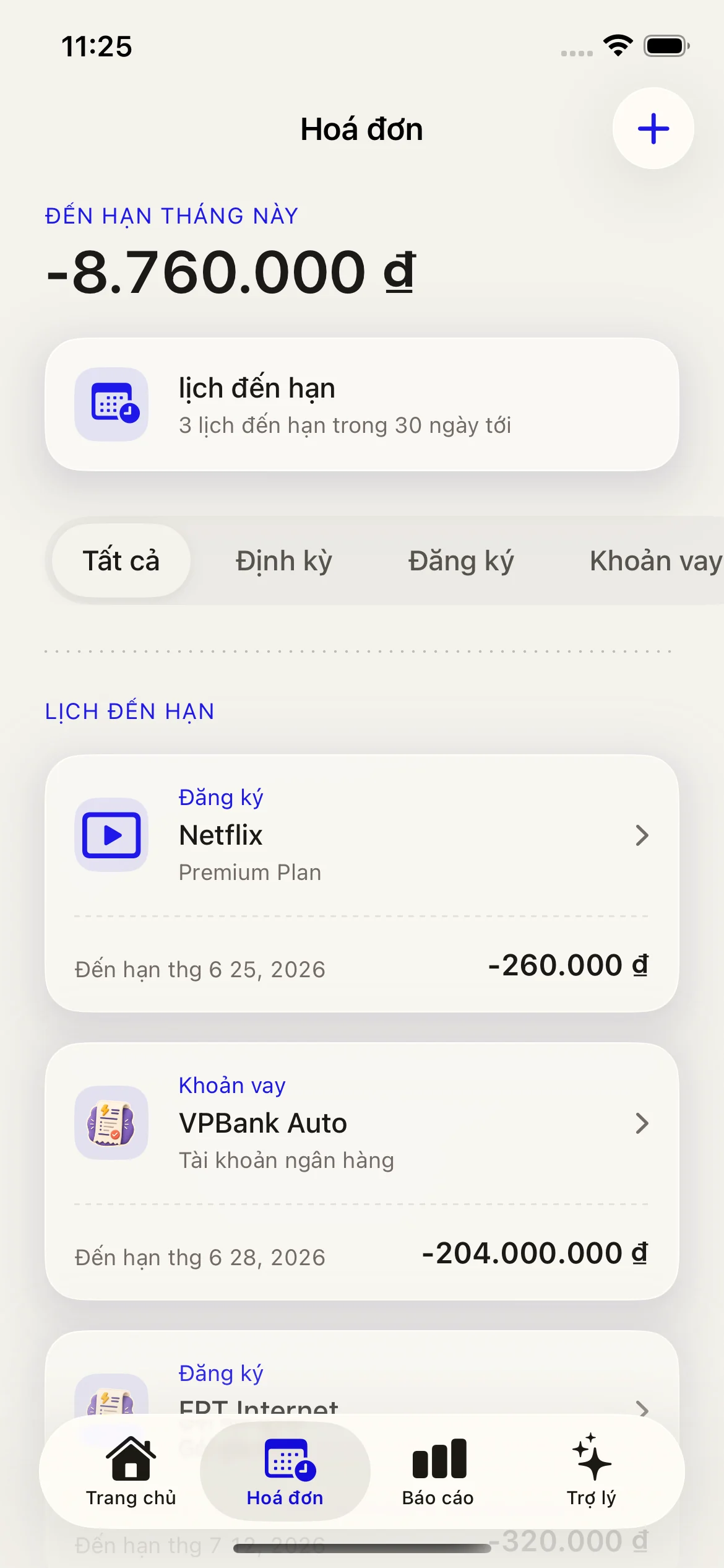 Ảnh màn hình Lumi cho hóa đơn định kỳ.